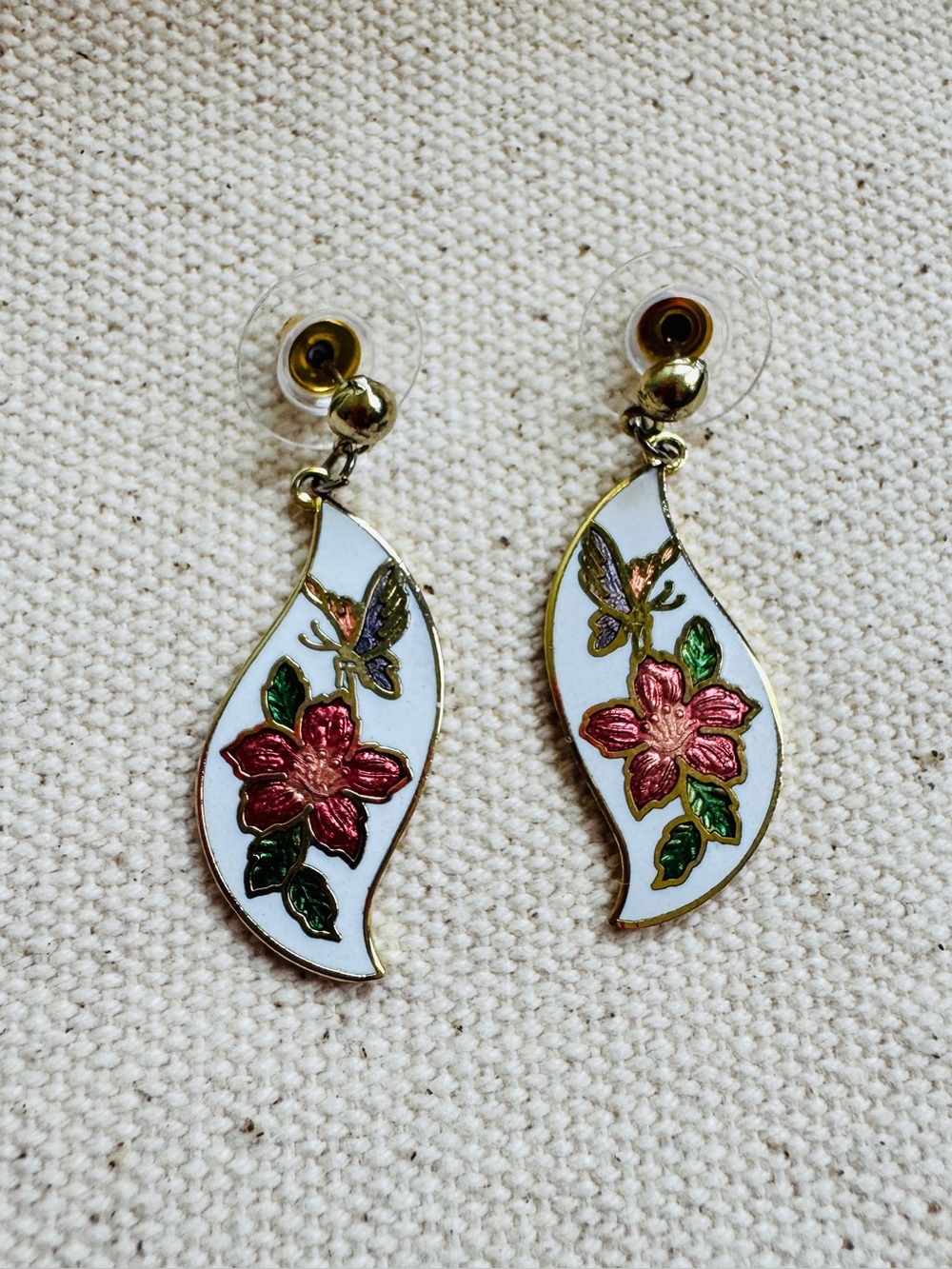 Cloisonne Floral Enamel Drop Earrings - Pink Flower on White